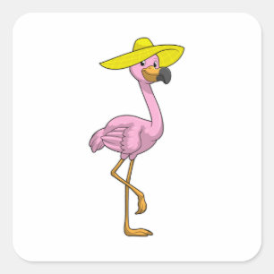 Pegatina Cuadrada Flamingo en la playa con Gorra