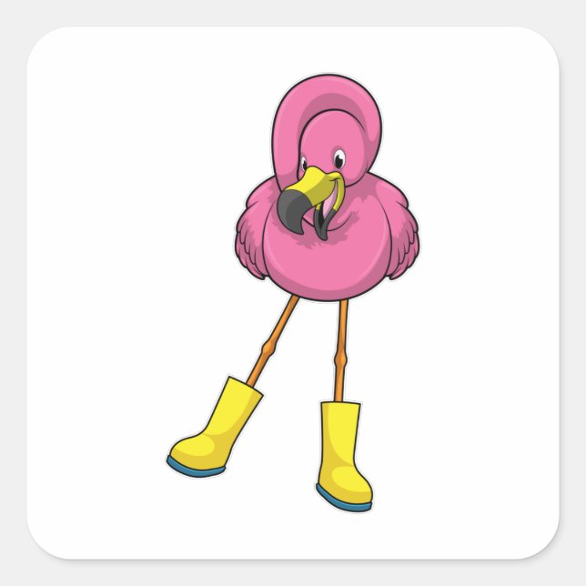 Pegatina Cuadrada Flamingo en Lluvia con botas de goma (Anverso)