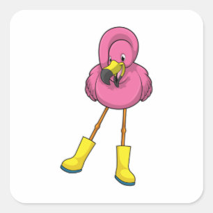 Pegatina Cuadrada Flamingo en Lluvia con botas de goma