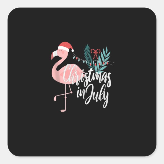 Pegatina Cuadrada Flamingo En Los Navidades De Santa Hat En Julio (Anverso)