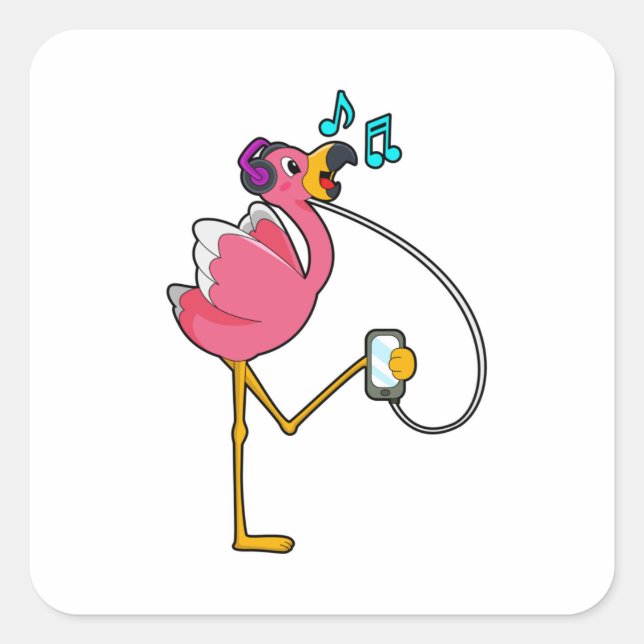 Pegatina Cuadrada Flamingo en Music with Headphone (Anverso)