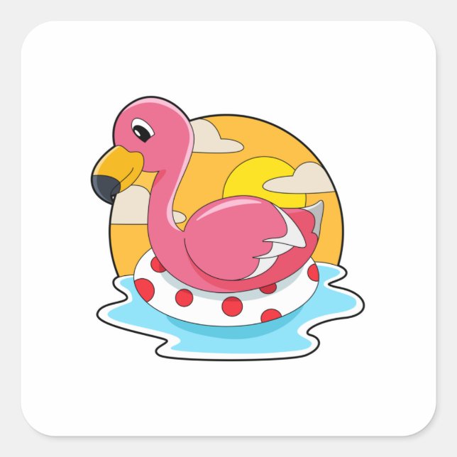Pegatina Cuadrada Flamingo en Natación con Vida (Anverso)