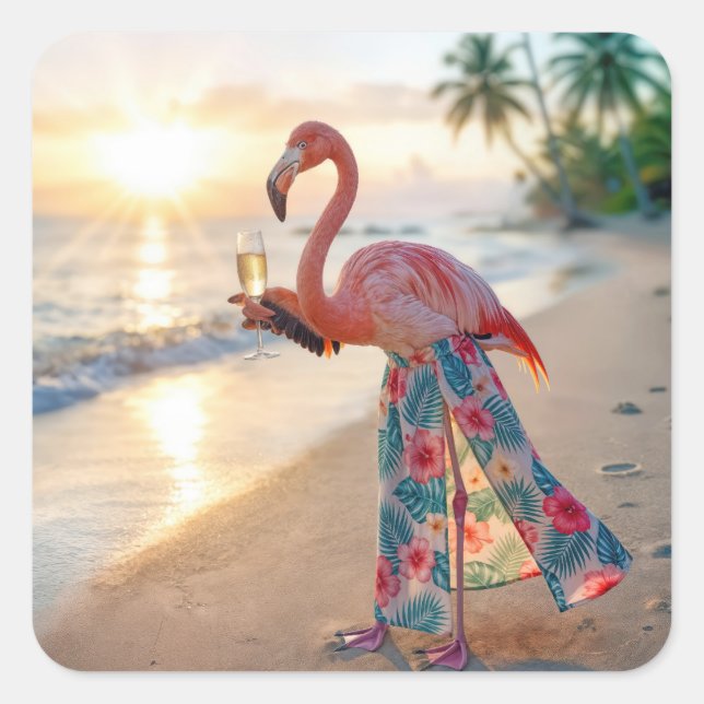 Pegatina Cuadrada Flamingo In a Skirt Holding a Champagne Flute (Anverso)