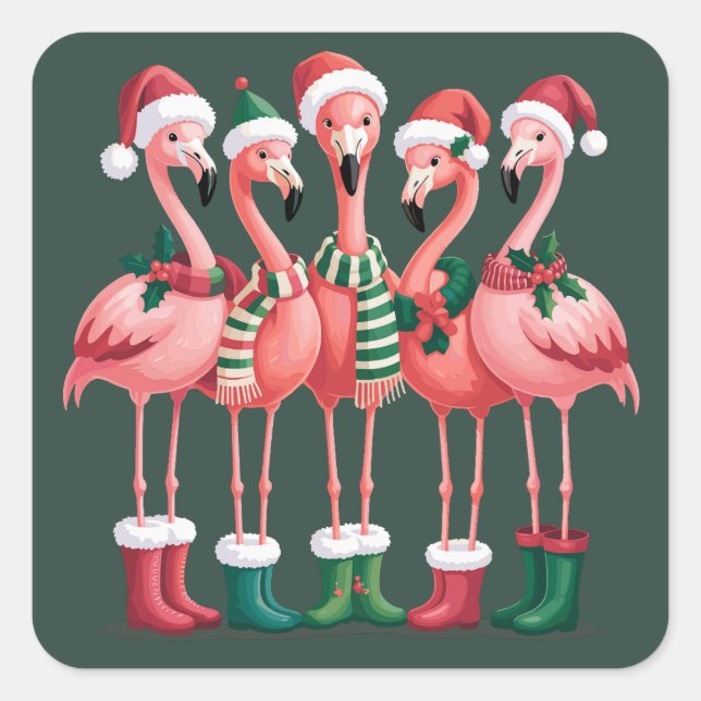 Pegatina Cuadrada Flamingo Lover Navidades de regalo Merry Xmas (Anverso)