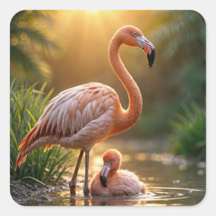 Pegatina Cuadrada Flamingo Mother and Chick