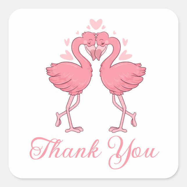 Pegatina Cuadrada Flamingo Pink Tropical Beach Wedding Thank You (Anverso)