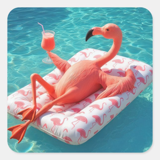 Pegatina Cuadrada Flamingo Relaxing On a Pool Mattress (Anverso)