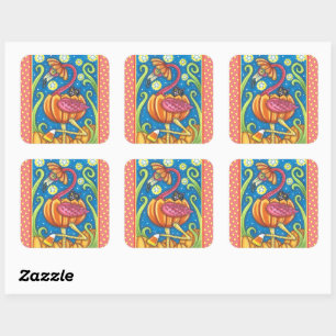 PEGATINA CUADRADA FLAMINGO ROJO DE HALLOWEEN Y GATO NEGRO EN PUMPKIN