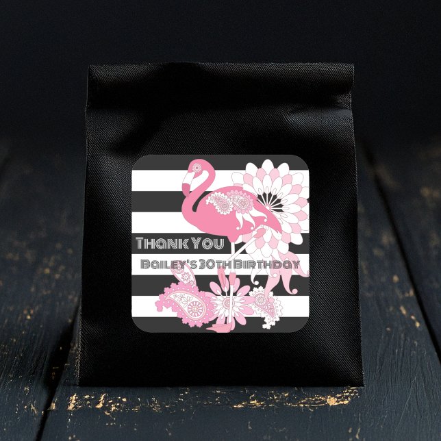 Pegatina Cuadrada Flamingo rosa de franja blanca y negra (Subido por el creador)