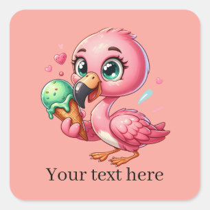 Pegatina Cuadrada Flamingo rosa de helado lindo añadir texto