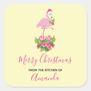 Pegatina Cuadrada Flamingo rosa en la cocina de Santa Hat