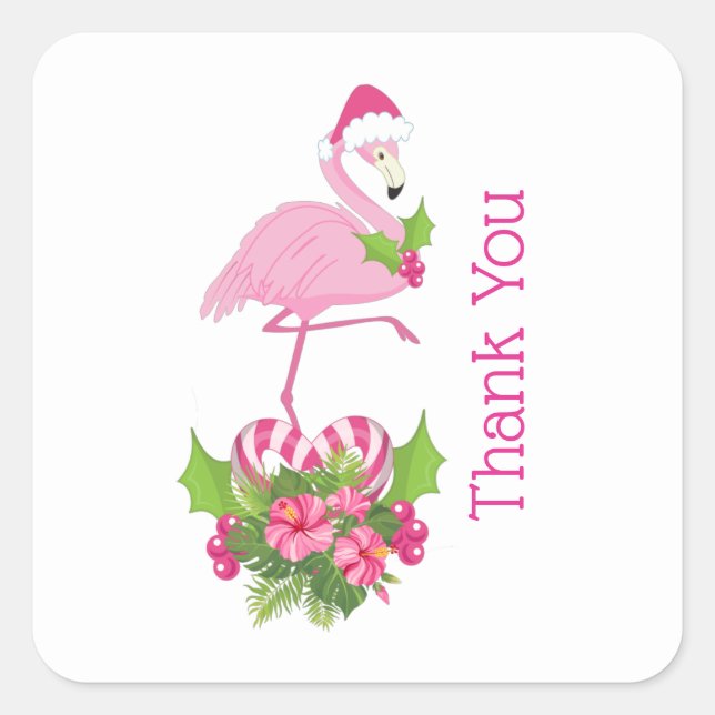 Pegatina Cuadrada Flamingo rosa en Santa Hat Whimsical Gracias (Anverso)