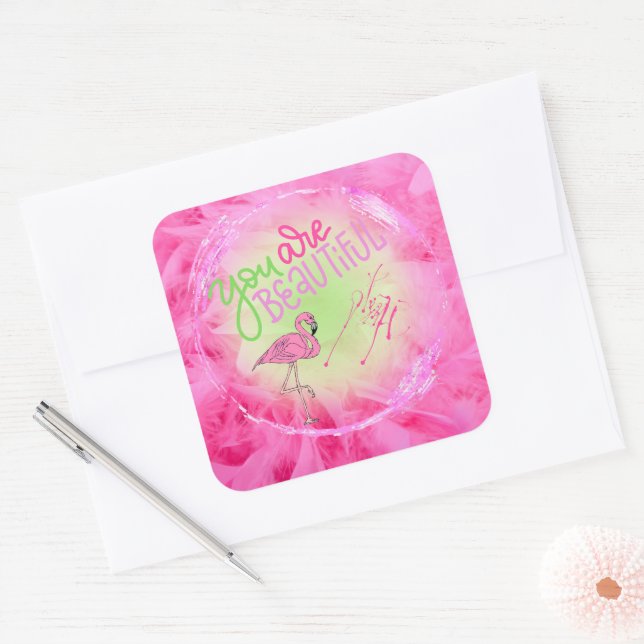 Pegatina Cuadrada Flamingo Rosa Eres Hermoso Inspirador (Sobre)