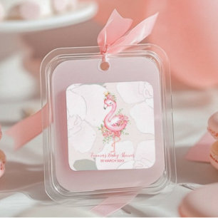 Pegatina Cuadrada Flamingo rosa Es un Baby Shower Chica