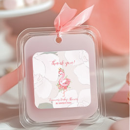 Pegatina Cuadrada Flamingo rosa Es un Baby Shower Chica Gracias