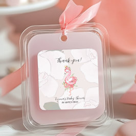 Pegatina Cuadrada Flamingo rosa Es un Baby Shower Chica Gracias