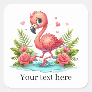 Pegatina Cuadrada Flamingo rosado lindo añade texto