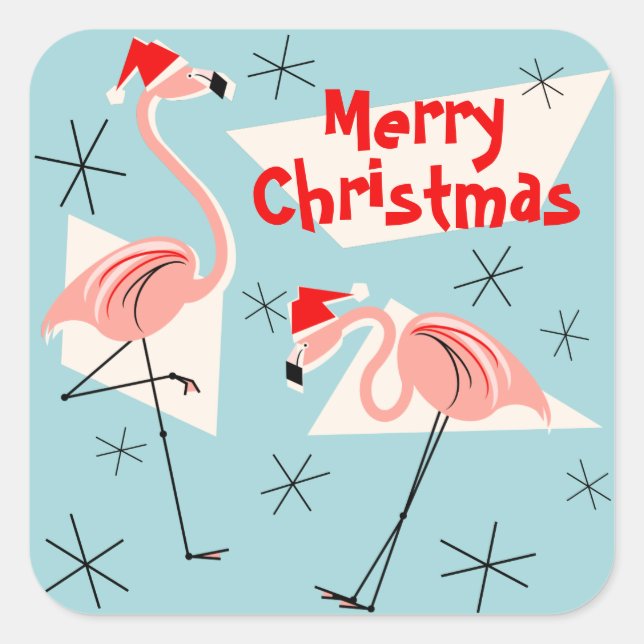 Pegatina Cuadrada Flamingo Santas Blue Merry Christmas square (Anverso)