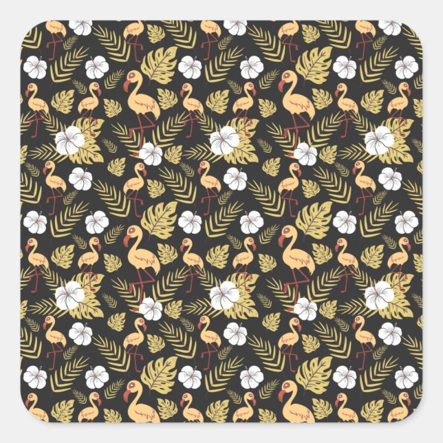 Pegatina Cuadrada Flamingo seamless pattern yellow and white flowers (Anverso)