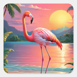 Pegatina Cuadrada Flamingo Sunset Tropical Beach