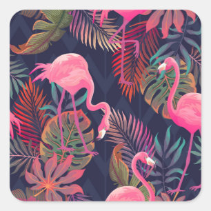 Pegatina Cuadrada Flamingo tropical: patrón de palma vintage.