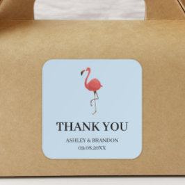 Pegatina Cuadrada Flamingo Tropics Blue and Pink Wedding Thank You