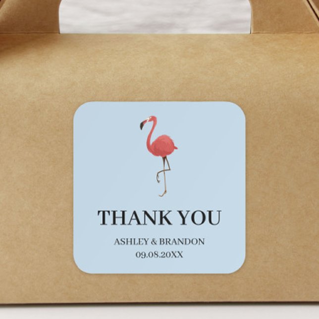 Pegatina Cuadrada Flamingo Tropics Blue and Pink Wedding Thank You (Subido por el creador)