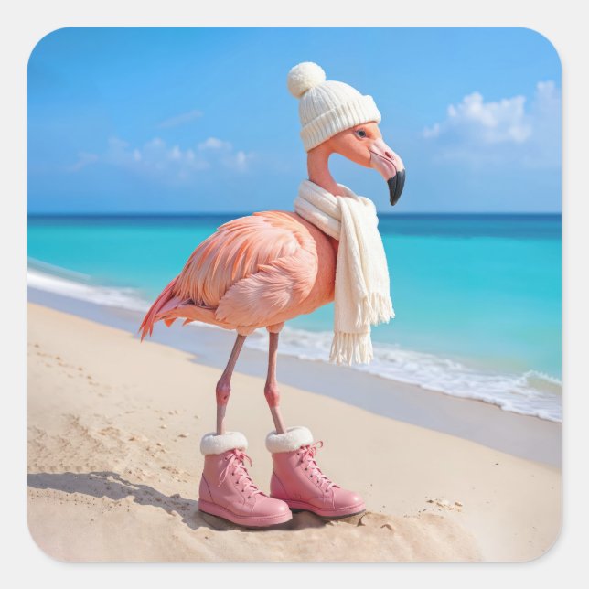 Pegatina Cuadrada Flamingo Wearing Winter Scarf and Hat (Anverso)