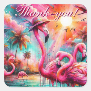 Pegatina Cuadrada Flamingos rosados tropicales Palmeras Agua Verde a