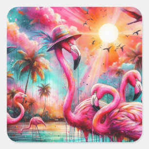 Pegatina Cuadrada Flamingos rosados tropicales Palmeras Agua Verde a