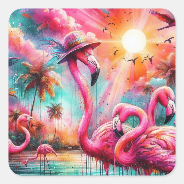 Pegatina Cuadrada Flamingos rosados tropicales Palmeras Agua Verde a (Anverso)