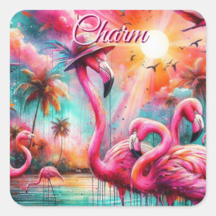 Pegatina Cuadrada Flamingos rosados tropicales Palmeras Agua Verde a
