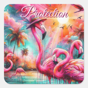 Pegatina Cuadrada Flamingos rosados tropicales Palmeras Agua Verde a