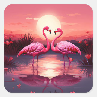 Pegatina Cuadrada Flamingos rosas al atardecer