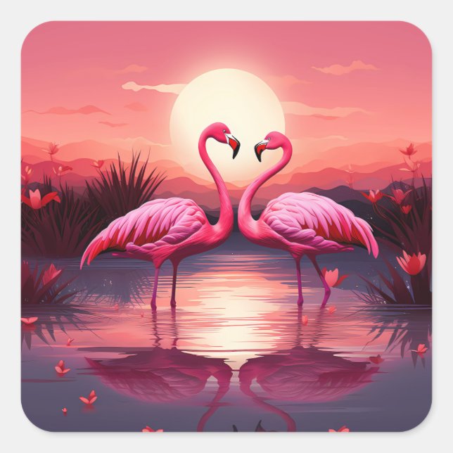 Pegatina Cuadrada Flamingos rosas al atardecer (Anverso)