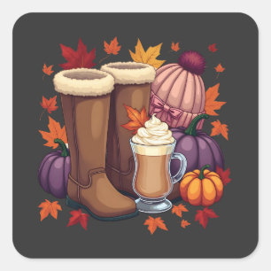 Pegatina Cuadrada Flannel Boots Calabaza Spice Latte Otoño Otoño Caí