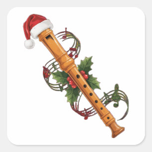Pegatina Cuadrada Flauta Grabadora Instrumento Santa Sombrero Navida