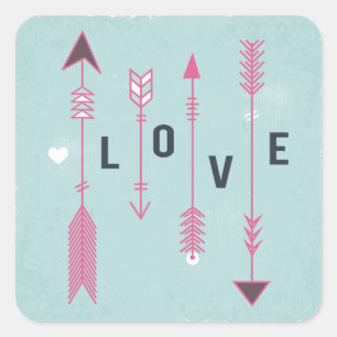 Pegatina Cuadrada Flechas de Amor Shabby Chic Azul y Rosa Vintage