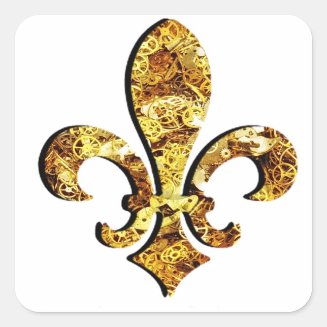 Pegatina Cuadrada Fleur De Lis Flor New Orleans Gold Gears (Anverso)