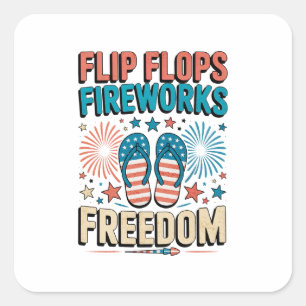 Pegatina Cuadrada Flip Flops, fuegos artificiales, libertad - Verano