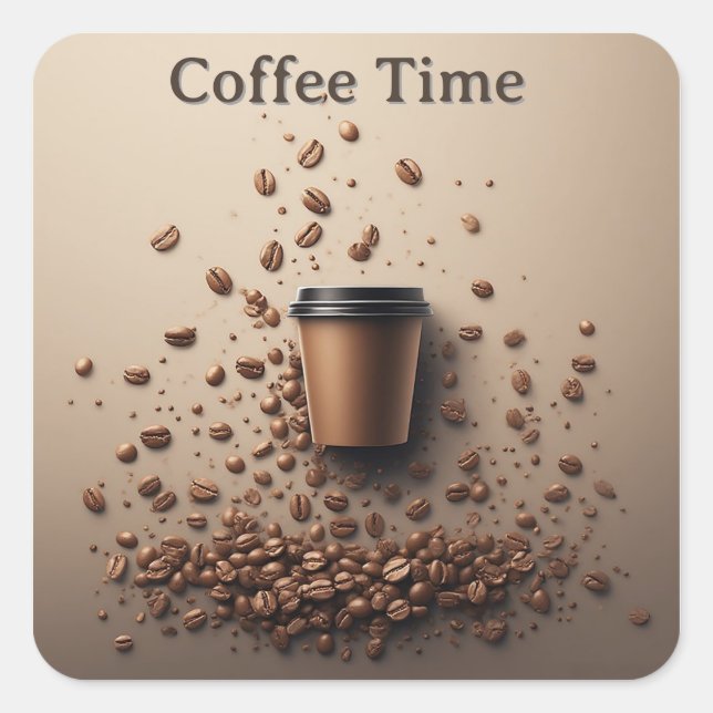 Pegatina Cuadrada Floating Coffee Cup With Coffee Beans (Anverso)