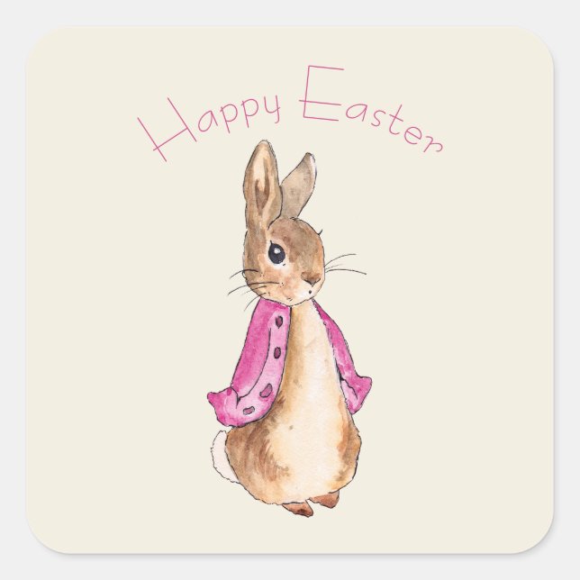 Pegatina Cuadrada Flopsy Beatrix Potter, conejo de conejo de Pascua (Anverso)