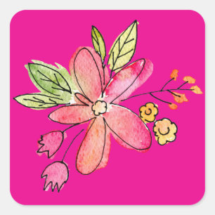 Pegatina Cuadrada Flor acuarela en rosa neón