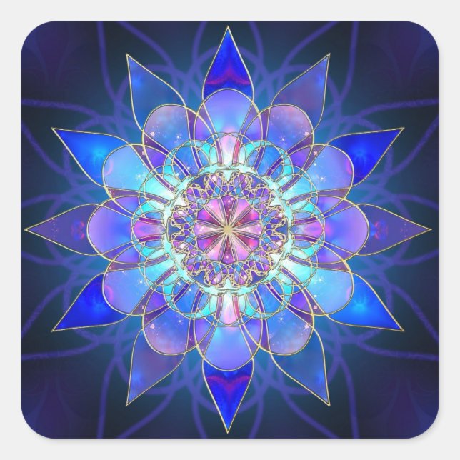 Pegatina Cuadrada Flor azul Mandala Fractal (Anverso)