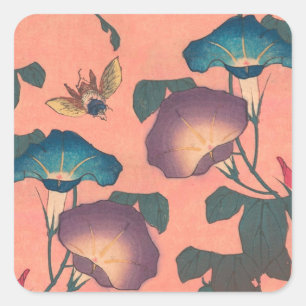 Pegatina Cuadrada Flor de abeja rosa Arte Clásico Hokusai