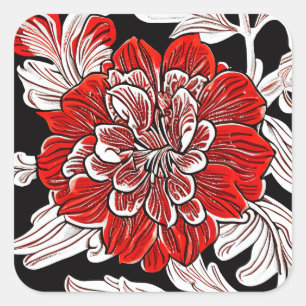 Pegatina Cuadrada Flor de Art Nouveau blanca y negra roja