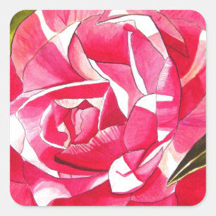 Pegatina Cuadrada Flor de arte de la acuarela del Camellia rosa bril
