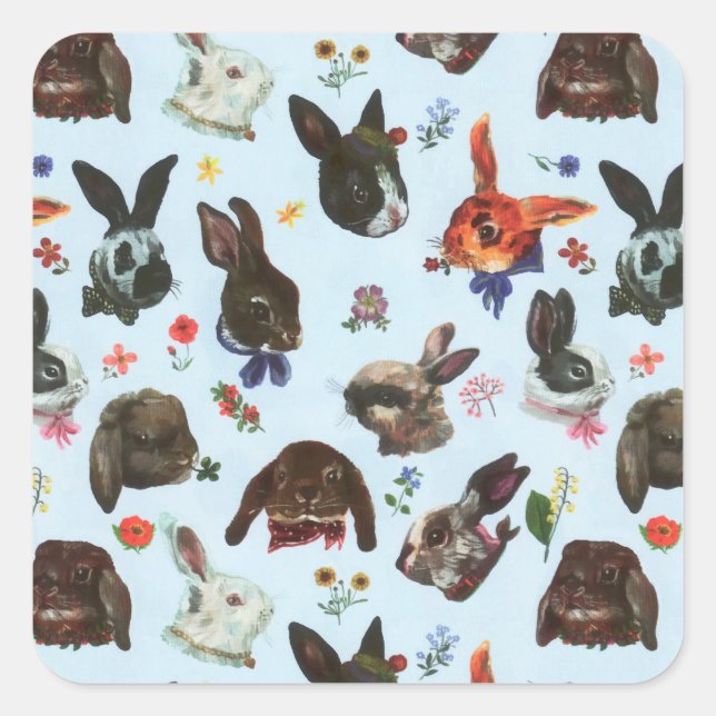 Pegatina Cuadrada Flor de bosque de conejos de primavera (Anverso)