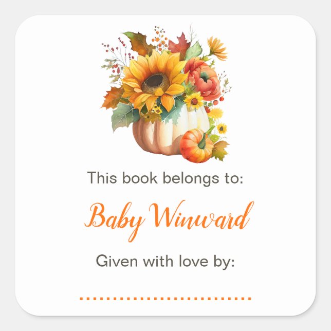 Pegatina Cuadrada Flor de calabaza Banqueta Baby Shower Bookplate (Anverso)