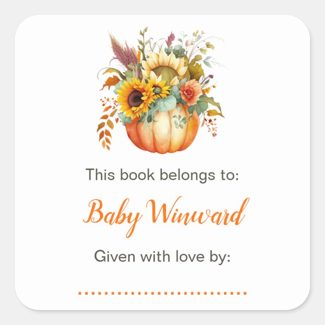 Pegatina Cuadrada Flor de calabaza Banqueta Baby Shower Bookplate (Anverso)